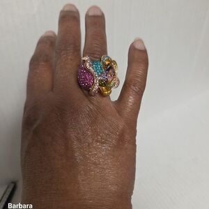 Multi-color Mixed Crystal Large Rose Statement Ring, Size 6